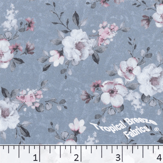 Blue Mist Roses Dream Crepe Stretch Polyester Fabric
