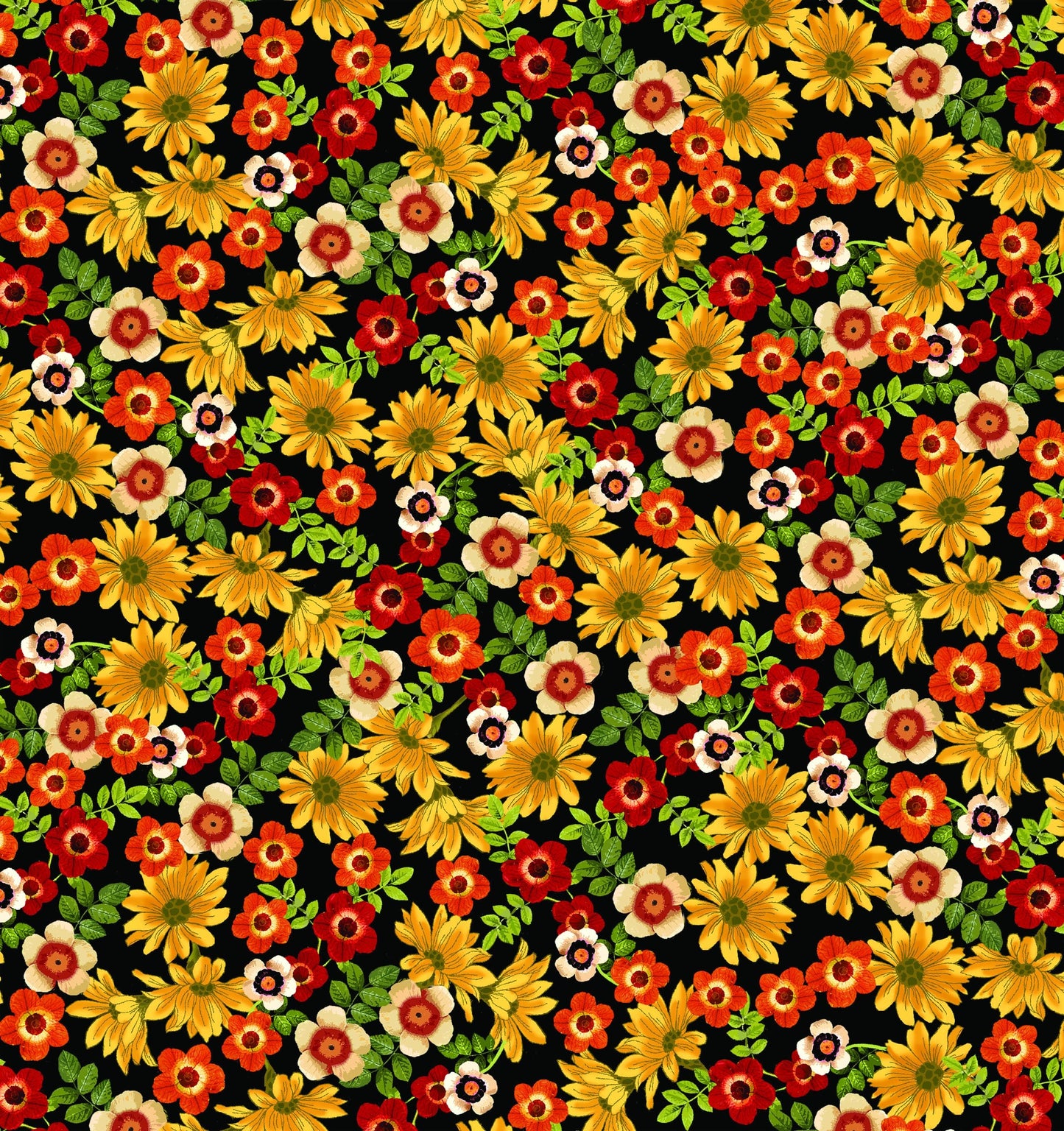 Benartex Autumn Comfort Flannel Floral Garden Quilting Cotton Fabric- Black