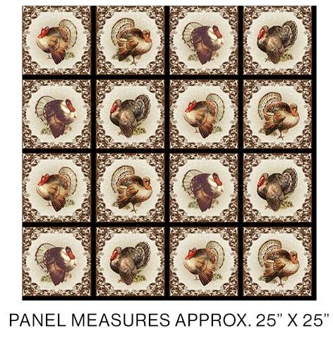 Benartex Turkey Time Squares 25 x 25 Quilting Cotton Fabric- Natural/Multi