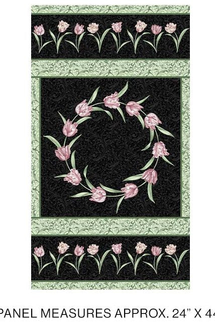 Benartex Evelyn's Etched Tulips Etched Tulips Panel Quilting Cotton Fabric- Black