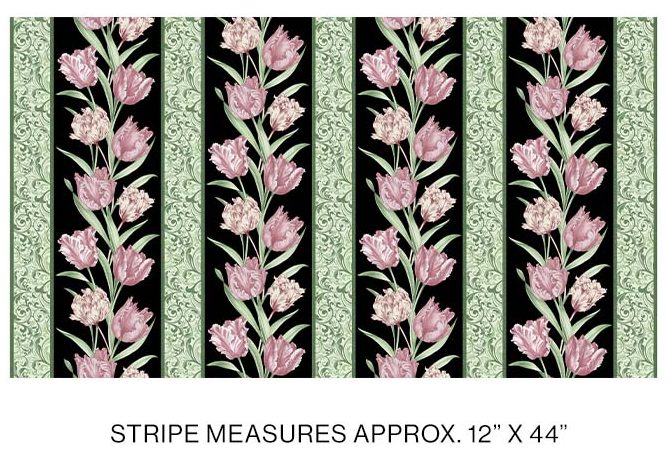 Benartex Evelyn's Etched Tulips Etched Tulips Stripe Quilting Cotton Fabric- Black