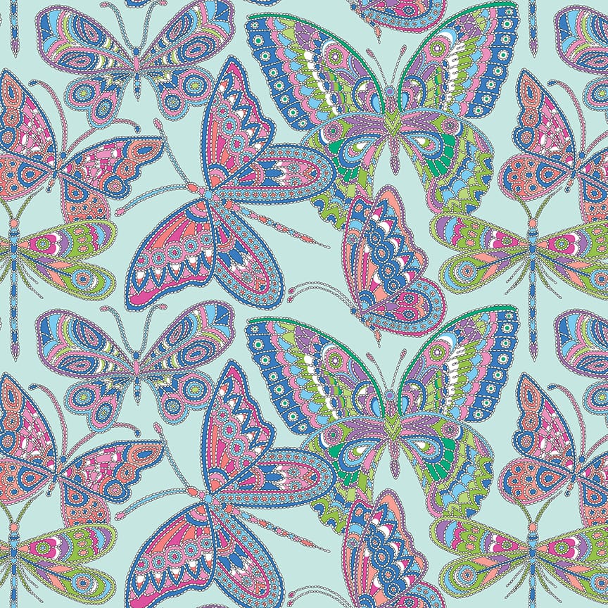 Benartex Blooming Denim Blooming Butterflies Quilting Cotton Fabric- Aqua
