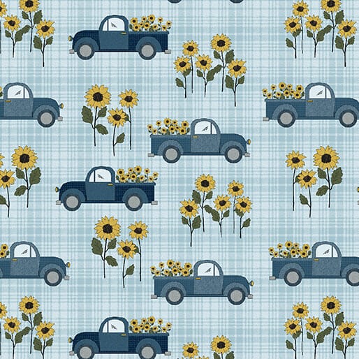 Benartex Heartland Country Road Trucks Quilting Cotton Fabric- Light Turquoise