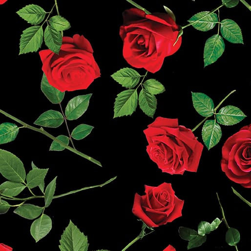 Benartex True Romance Single Red Roses Quilting Cotton Fabric- Black