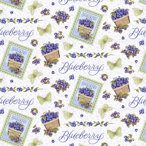 Henry Glass Berrylicious Allover Blueberries Quilting Cotton Fabric- White/Blue