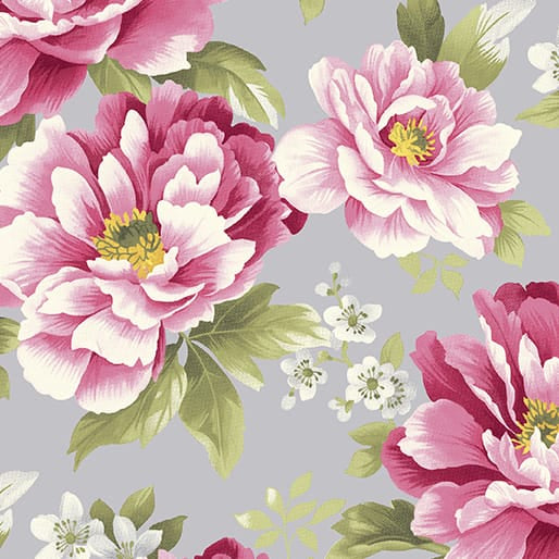 Benartex Camellia Large Floral Quilting Cotton Fabric- Grey