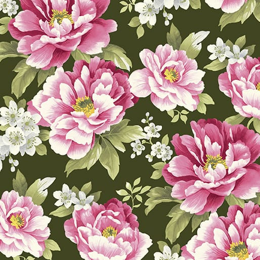 Benartex Camellia Mid Floral Quilting Cotton Fabric- Dark Green