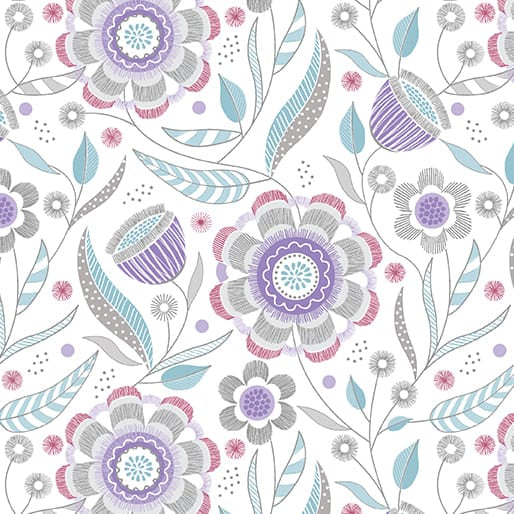 Benartex Stitch Garden Floral Quilting Cotton Fabric- Purple/Grey