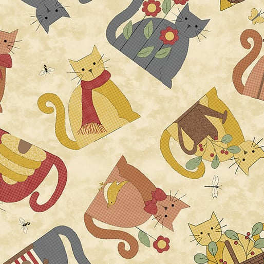 Benartex Wooly Cats Tossed Cats Quilting Cotton Fabric- Cream/Multi