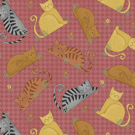Benartex Wooly Cats Tossed Cats Quilting Cotton Fabric- Houndstooth Paprika Multi