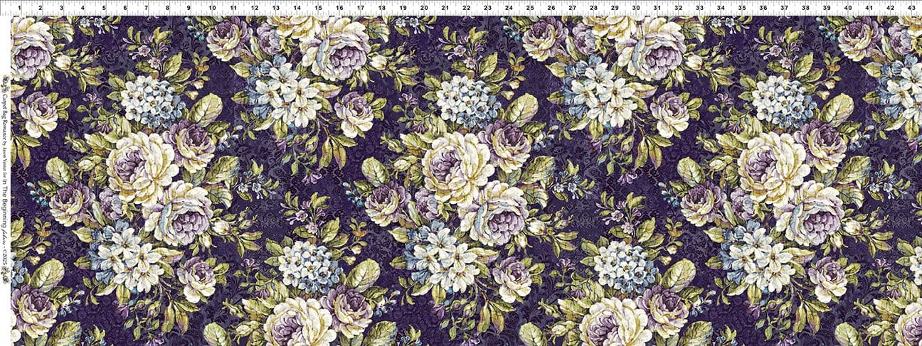 In the Beginning Carpet Bag Romance Bouquet Quilting Cotton Fabric- Purple
