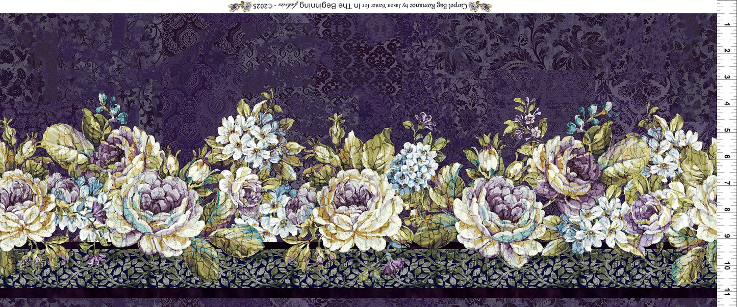 In the Beginning Carpet Bag Romance Border Quilting Cotton Fabric- Purple
