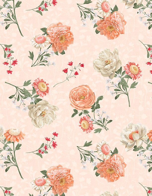 Wilmington Prints Peach Whispers Bouquet Toss Quilting Cotton Fabric- Light Coral