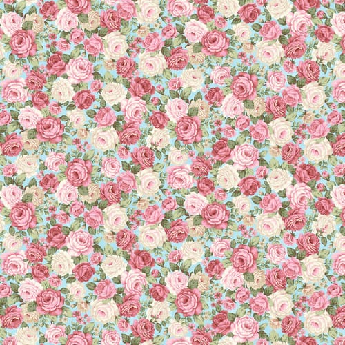 Henry Glass My Victorian Garden Packed Floral Quilting Cotton Fabric- Light Blue