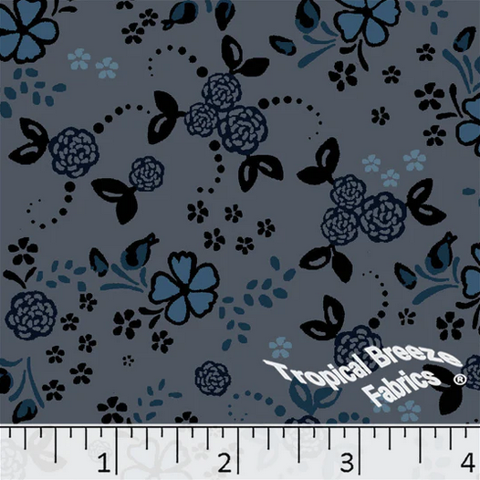 Gray & Blue Flower Garden Poly Cotton Fabric