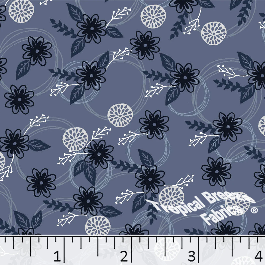 Denim Blue Floral Poly Cotton Fabric