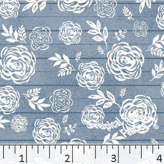 Slate Blue Cabbage Roses Poly Cotton Fabric