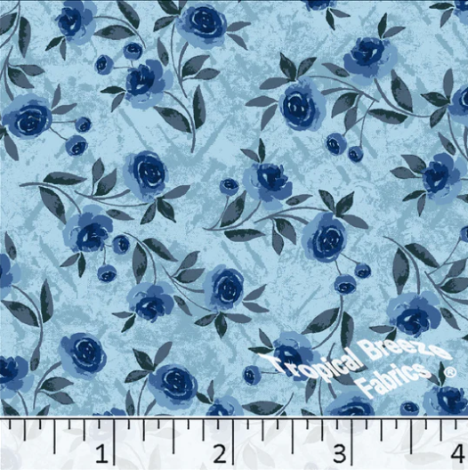 Aqua Blue Roses Poly Cotton Fabric - 34"