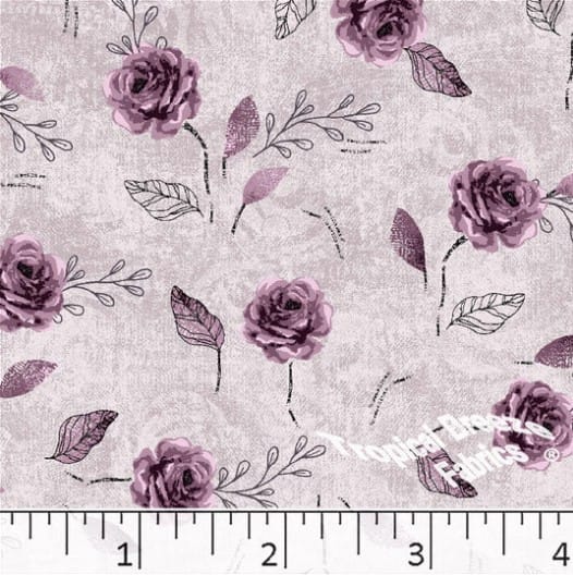 Grapemist Sketched Roses Poly Cotton Fabric