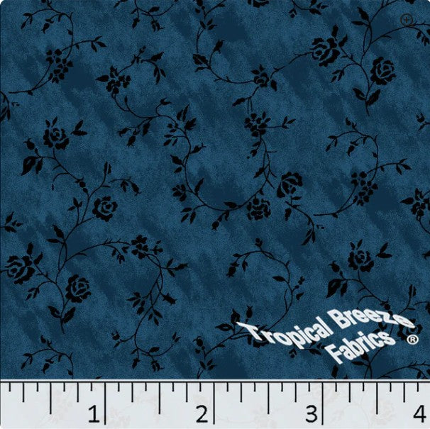 Sapphire Blue Roses Poly Cotton Fabric