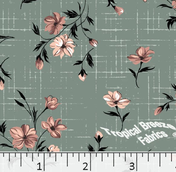 Dusty Jade & Peach Floral Poly Cotton Dress Fabric