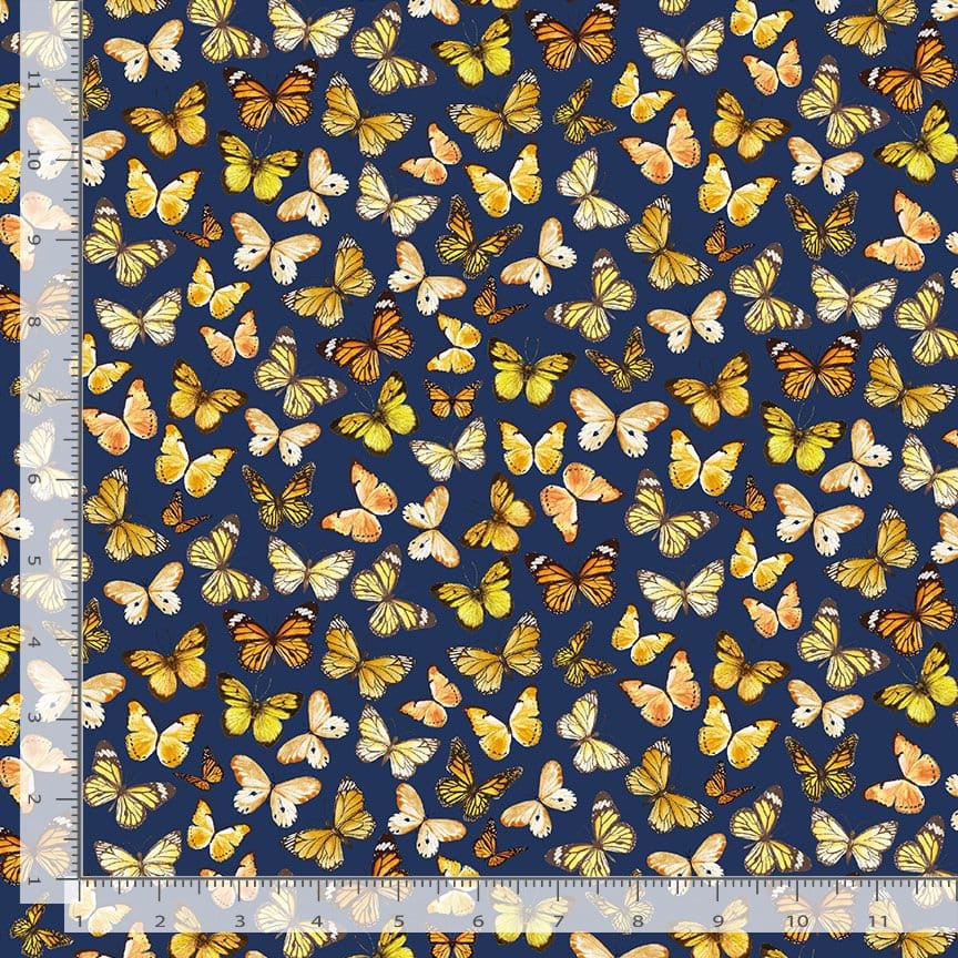 Timeless Treasures Sunflower Farm Tossed Butterflies Quilting Cotton Fabric- Navy