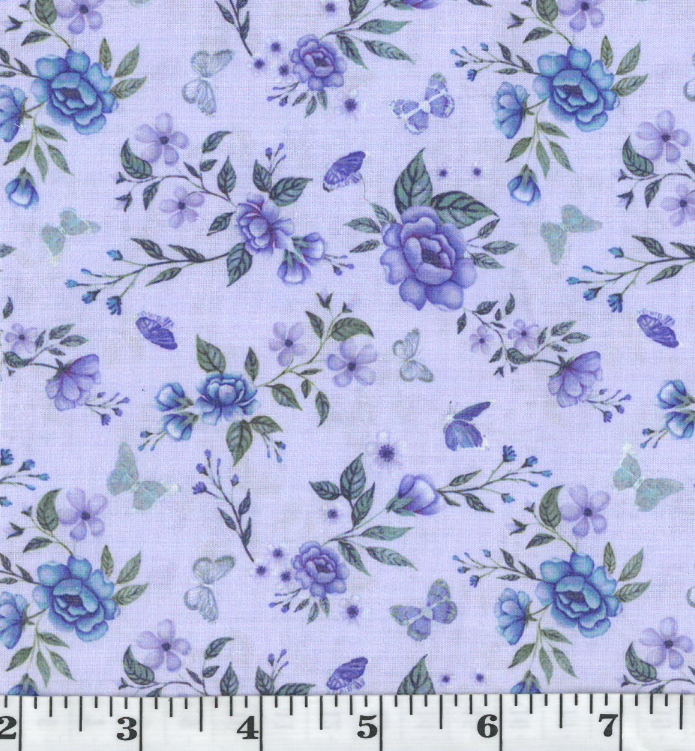Purple Roses & Butterflies Poly Cotton Fabric