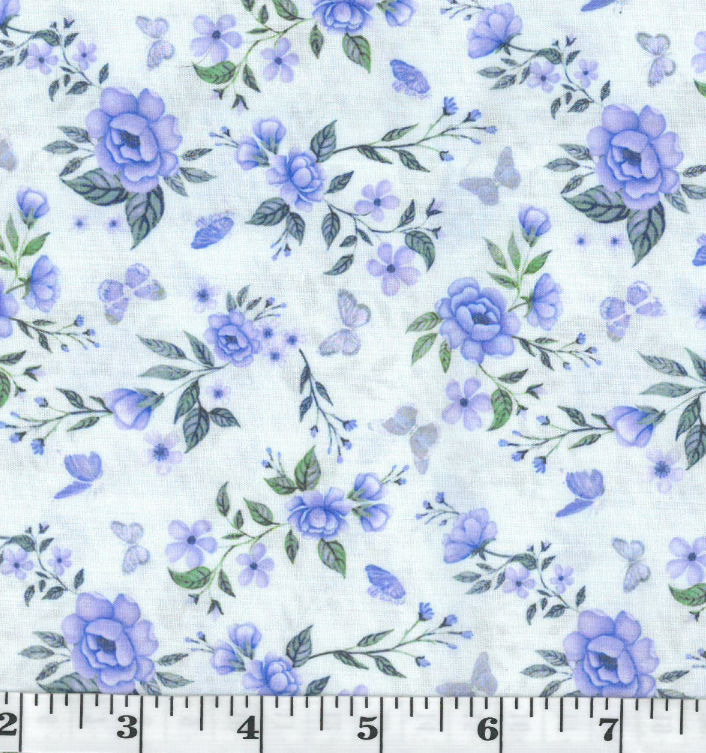 Mint with Lavender Roses & Butterflies Poly Cotton Fabric