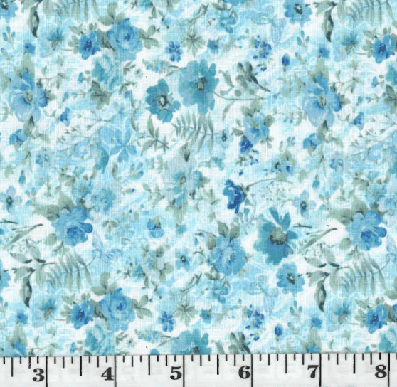 Aqua Tossed Wildflowers Linen-Look Poly Cotton Fabric