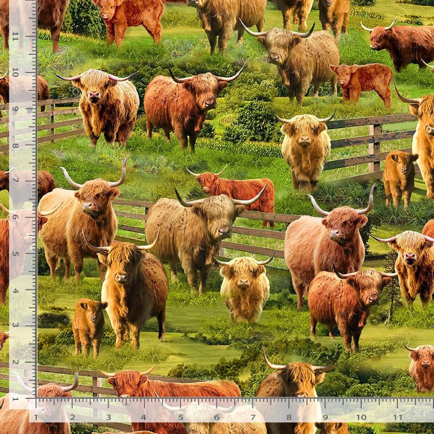 Timeless Treasures Rolling Hills Highlands Cows Quilting Cotton Fabric- Multi