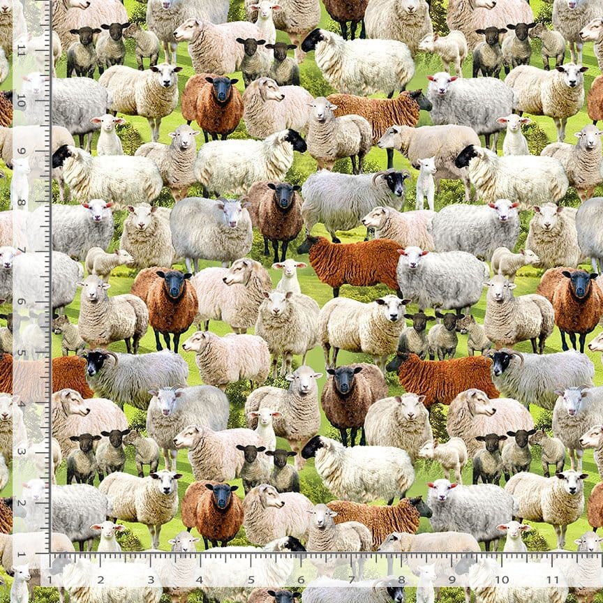 Timeless Treasures Rolling Hills Packed Sheep Quilting Cotton Fabric- Sage