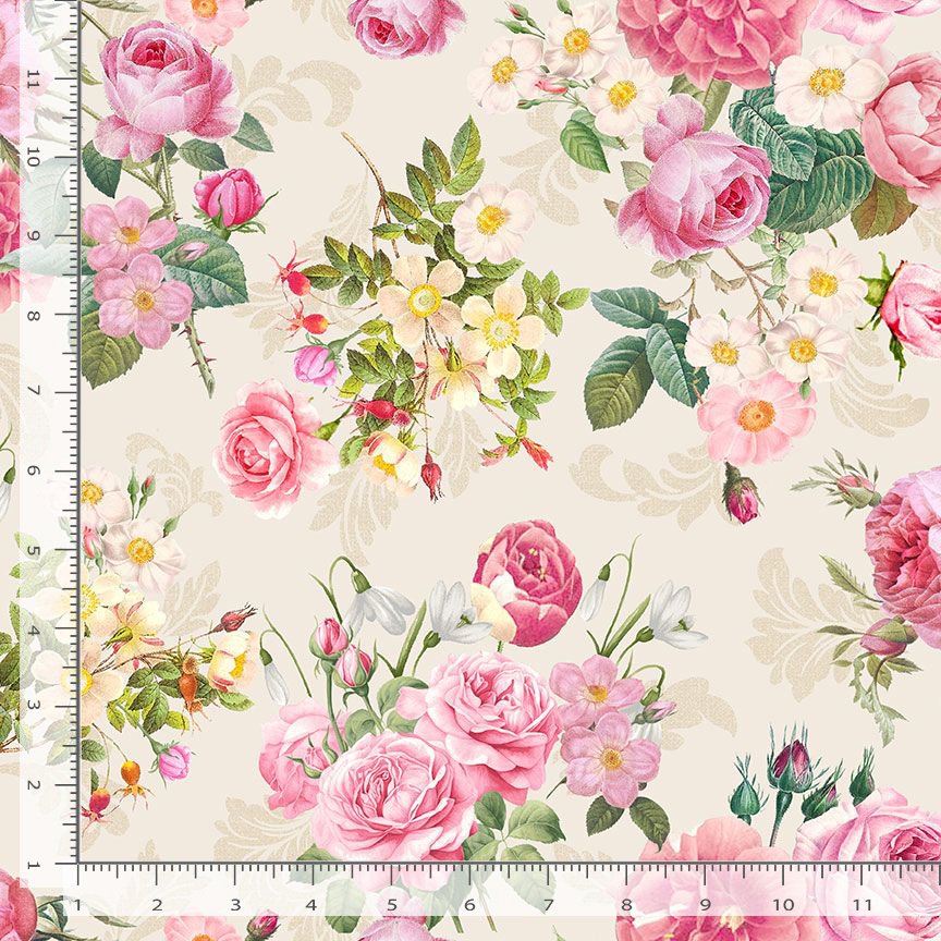 Timeless Treasures Belle Fleur Large Floral Bouquets Quilting Cotton Fabric- Cream