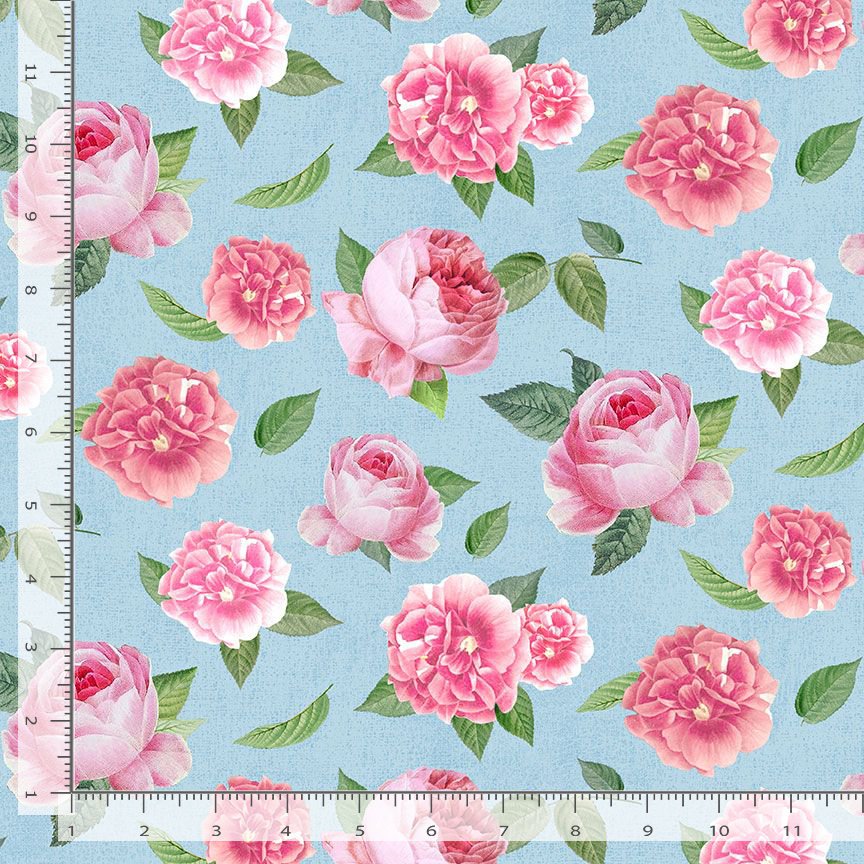 Timeless Treasures Belle Fleur Tossed Pink Roses Quilting Cotton Fabric- Blue