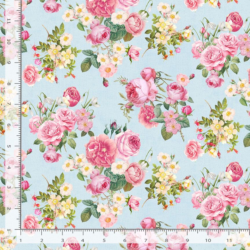 Timeless Treasures Belle Fleur Floral Bouquet Quilting Cotton Fabric- Blue