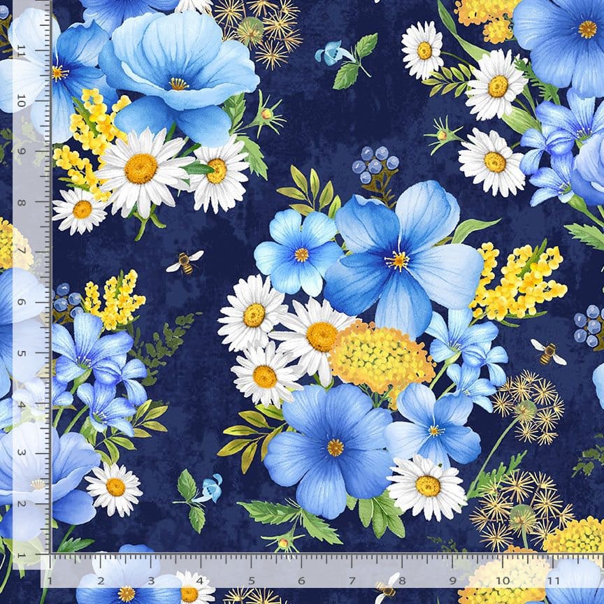 Timeless Treasures Bee Kind Bee Floral Bouquet Quilting Cotton Fabric- Navy