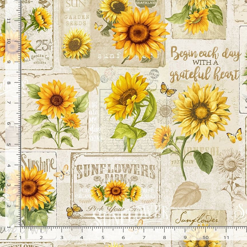 Timeless Treasures Sunflower Farm Sunflower Collage Quilting Cotton Fabric- Beige