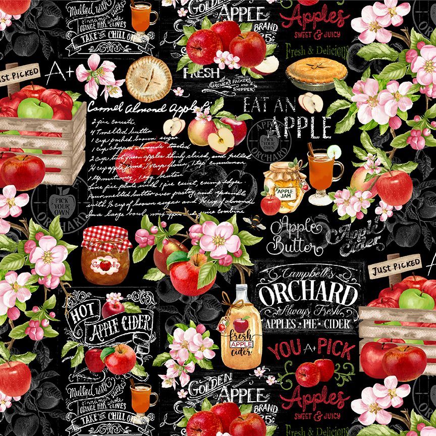 Timeless Treasures Orchard Valley Apple Farm Chart Quilting Cotton Fabric- Black