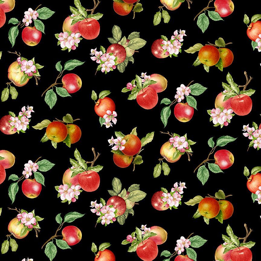 Timeless Treasures Orchard Valley Tossed Apples with Leaves Quilting Cotton Fabric- Black
