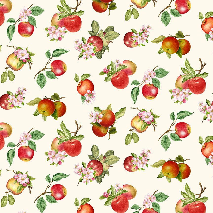 Timeless Treasures Orchard Valley Tossed Apples with Leaves Quilting Cotton Fabric- Cream