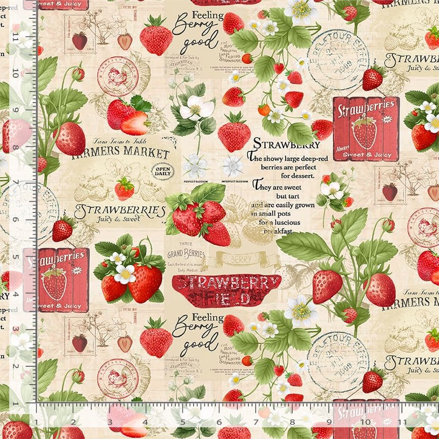 Timeless Treasures Berry Sweet Strawberries Market Collage Quilting Cotton Fabric- Beige