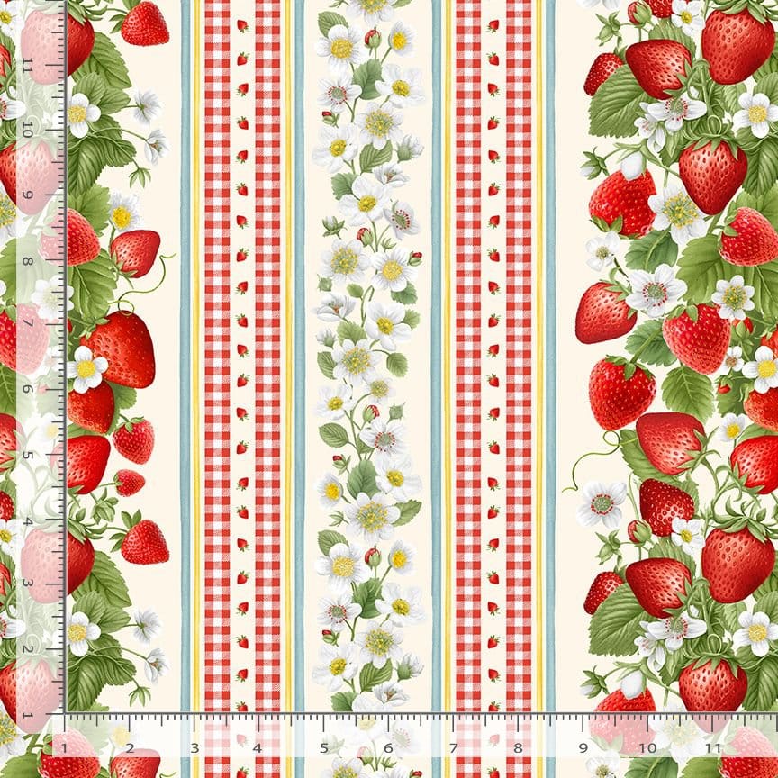 Timeless Treasures Berry Sweet 11" Strawberries Stripe Quilting Cotton Fabric- Cream