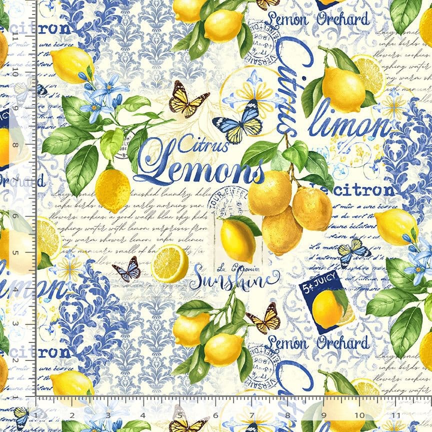 Timeless Treasures Limoncello Lemon Collage Quilting Cotton Fabric- Cream