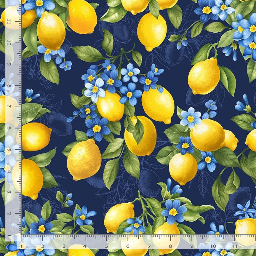 Timeless Treasures Limoncello Lemon Bouquet Quilting Cotton Fabric- Navy