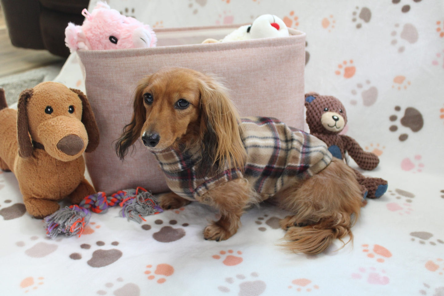 Falko Brown Plaid Fleece Dachshund Sweater - Measurements in item description