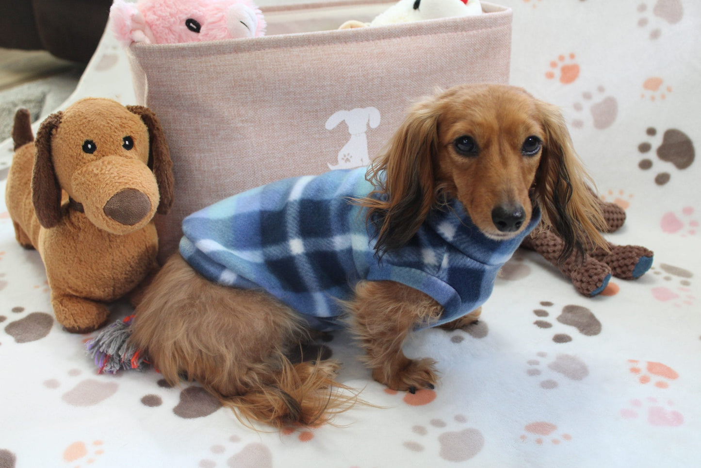 Brinkley Blue Plaid Fleece Dachshund Sweater - Measurements in item description
