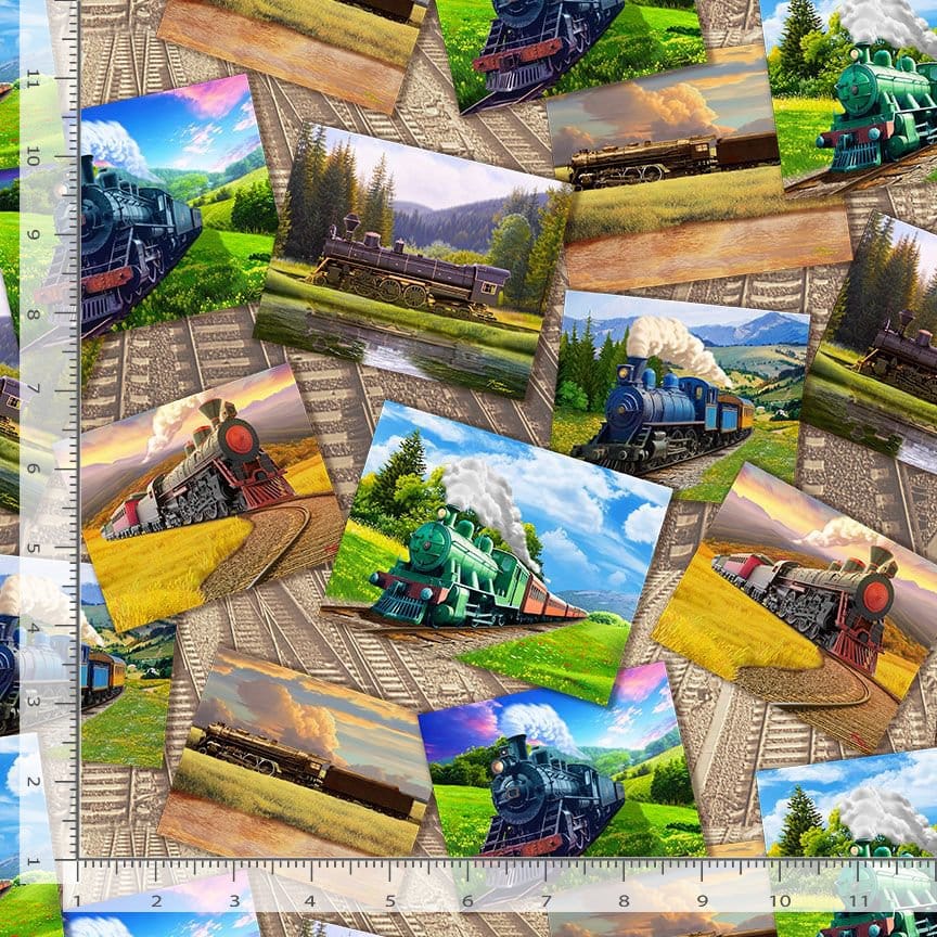 Timeless Treasures Tour Around The World Trains Postcard & Track Quilting Cotton Fabric- Multi