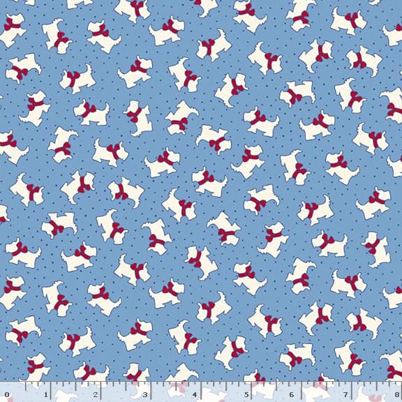 Marcus Fabrics Aunt Grace Goes Scrappy Scottie Quilting Cotton Fabric- Blue