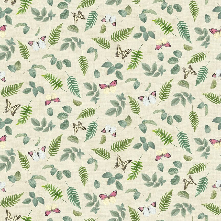 Timeless Treasures Jardin Tossed Leaves and Butterflies Quilting Cotton Fabric- Cream