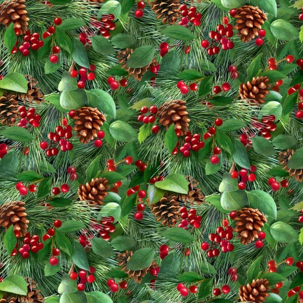 Elizabeth Studio Birds and Berries Pine and Holly Quilting Cotton Fabric- Green
