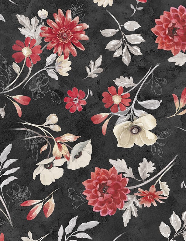 Wilmington Prints Scarlet Dreams Large Floral Toss Quilting Cotton Fabric- Black